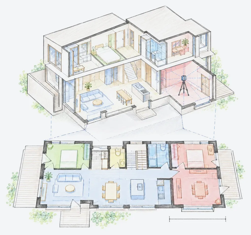 Hand drawn cutaway of a two story house above its measured floor plan, with a scanner on a tripod in one room.